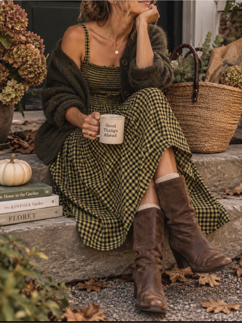 NATION LTD Olive Black Gingham Smocked Midi Dress cotton XS Cottagecore Fall XS